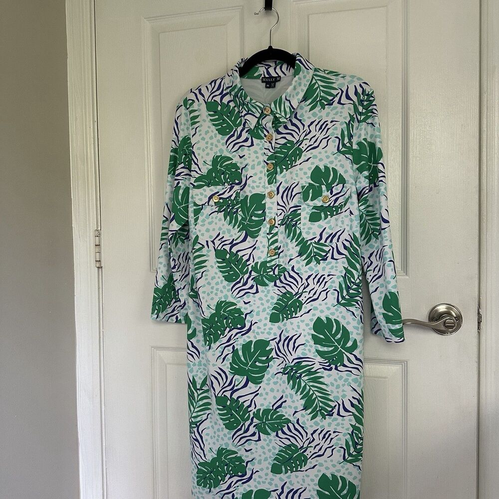 Melly M Womens Tropical Print Collared Sporty Knee Length Dress Sz M Green